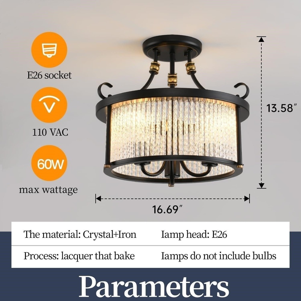 Blinghy Crystal Chandelier-Semi Flush Mount Ceiling Light Hallway Fixtures Black - Picture 2 of 9